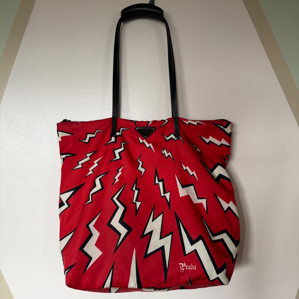 Prada Frankenstein Tote Lightning Bolt Avant Garde Large 2010s Red Rare 1BG300
